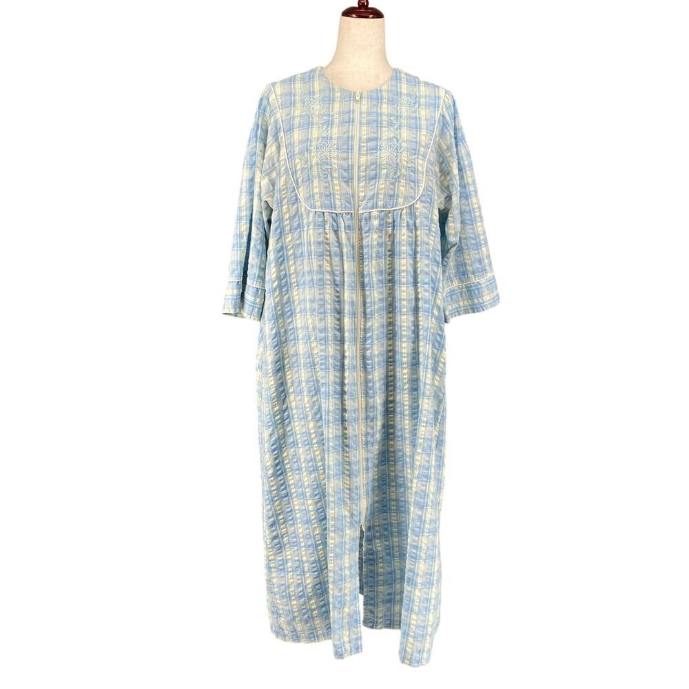 Collette Miss Elaine Cottagecore Full Zip Cotton Blend Robe Large Blue Pockets